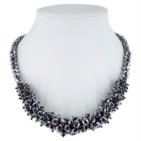 Faceted Silver Tone Glass Beaded Cluster Necklace