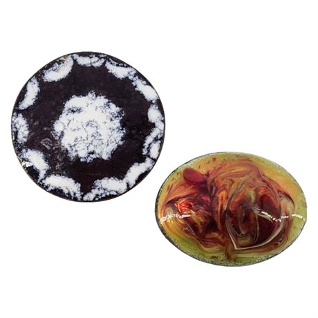 Two Handmade Vintage Enamel on Copper Brooches