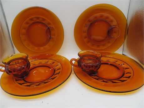 Indiana Glass Kings Crown Amber Luncheon Set 6 Plates & 2 Cups