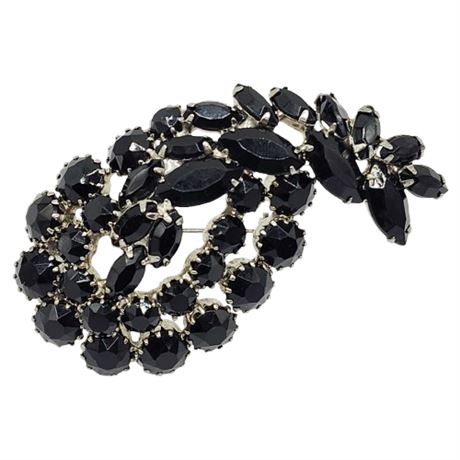 Vintage Domed Prong Set Black Rhinestone Paisley Brooch