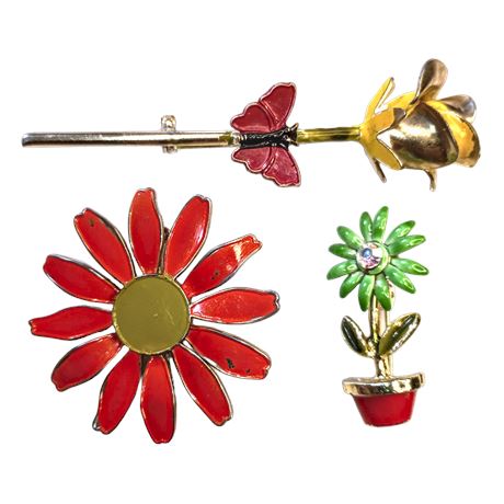 Spring Floral Gold-Tone Brooch Trio - Green, Orange & Yellow Flower Pins