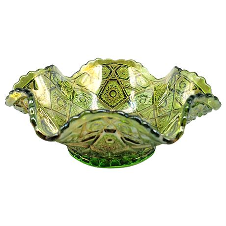 Imperial Glass Diamond Lace Green Carnival Uranium Glass Candy Dish