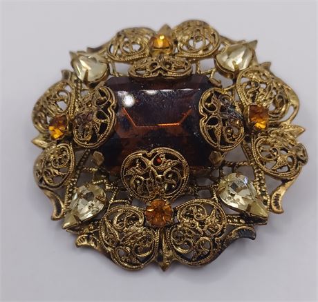 Vintage Large Czech filigree brooch with clear and dark yellow rhinestones