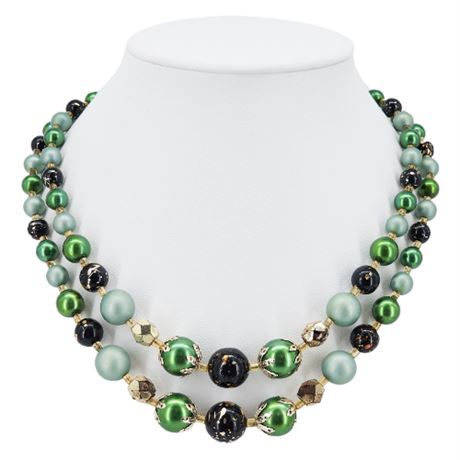 Vintage JAPAN 2-Strand Green Faux Pearl & Black/Gold Bead Necklace