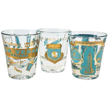 Three Vintage Aqua & Gold Souvenir Shot Glasses