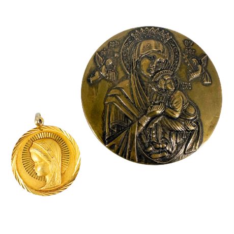 Religious Icon Madonna Gold Tone Pendant & Mirror