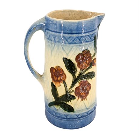 Early Roseville Wild Rose Jug Pitcher Burgundy Flowers Blue Edge