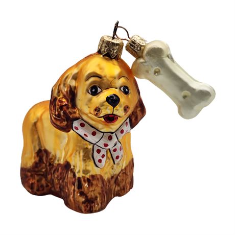 Hand Painted Cocker Spaniel Dog & Bone Blown Glass Christmas Ornament