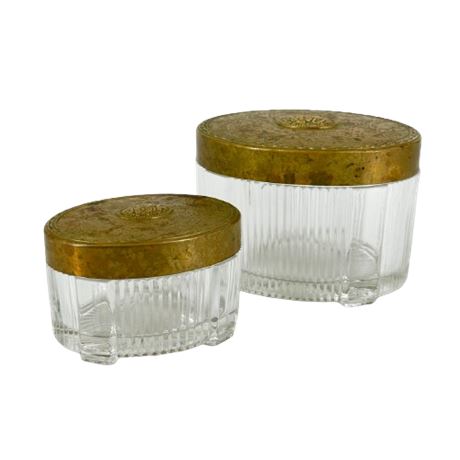 Pair of Victorian Glass Vanity Jar w. Embossed Brass Lids