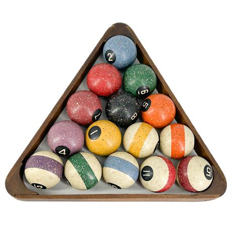 Antique Speckled Agate Billiard Ball Set with Rack
