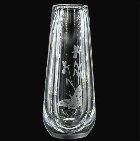 Vintage Signed Orrefors Etched Crystal Bud Vase