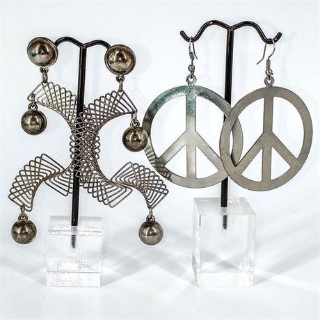 Lot of 2 Statement Earrings – Retro Peace Sign Dangles & Geometric Metal Art