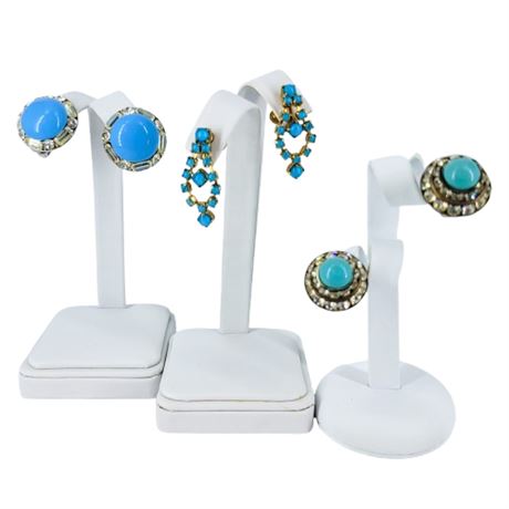 Vintage Lot of 3 Blue Stone Clip/Screw Earrings Including Coro