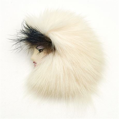 Vintage 1980s Real Fur & Resin Cameo Brooch