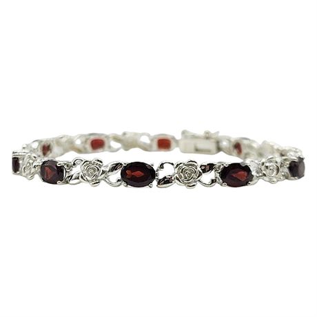 Signed ROSS-SIMONS Sterling Silver Garnets & Roses Tennis Bracelet