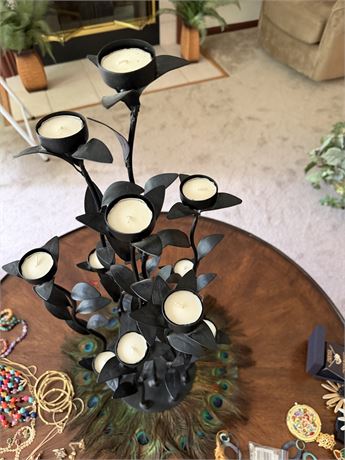 Tree Branch Style Candle Holder w/Peacock Feathers