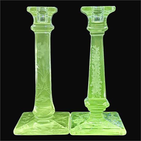 Two Vintage UV Reactive Etched Glass Candlesticks