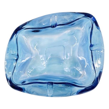 Vintage 70s Flashed Blue Iridescent Carnival Glass Ashtray
