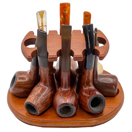 Vintage Wooden Pipe Rack with 8 Vintage Pipes