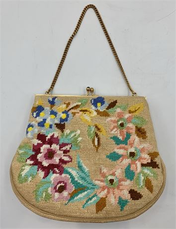 Mid Century Floral Wool Needlepoint Tapestry Evening Bag