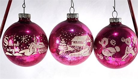 Three Hot Pink Vintage Shiny Brite Ornaments