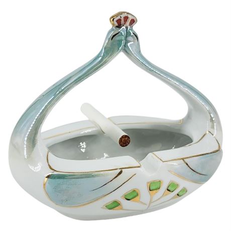 Vintage Iridescent Green Swans Ashtray w/ Gold Lustre Details