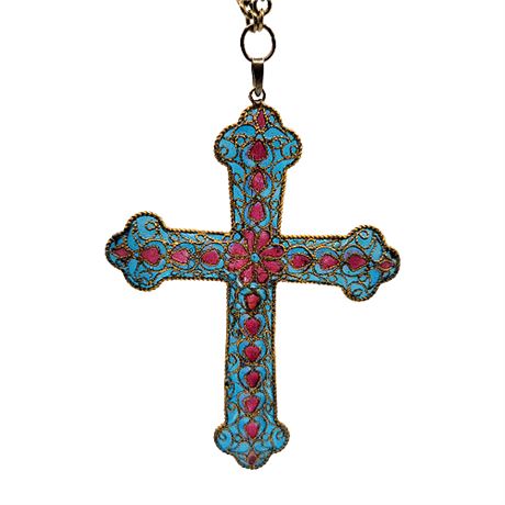 Vintage Large "Stained Glass" Cloisonné Cross Necklace