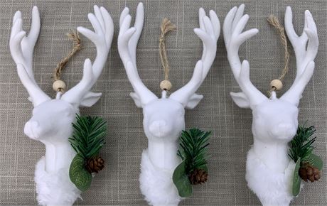 Trio of 7” White Flocked Reindeer Holiday Ornaments