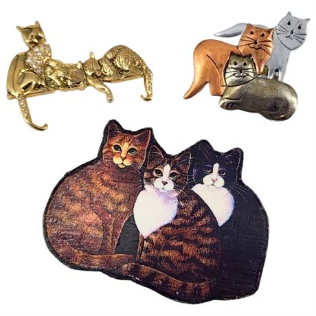 Lot of 3 Three Cats Brooches
