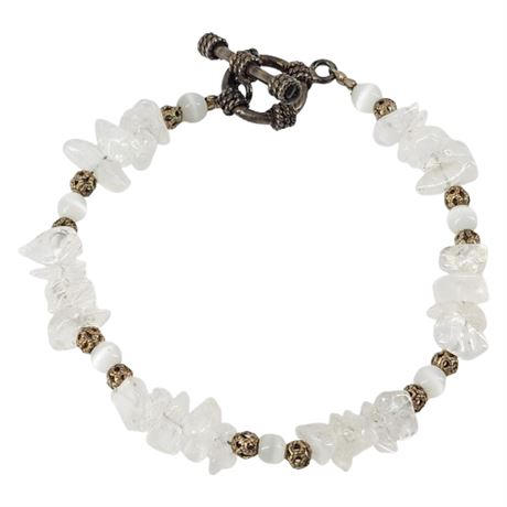 Artisan Made Clear Crystal Chip & White Cat's Eye Beaded Bracelet
