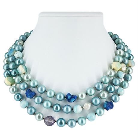 Vintage Japan 3-Strand Aqua Beaded Necklace