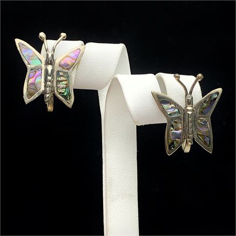 Vintage E.L. Sterling Silver Abalone Shell Butterfly Earrings