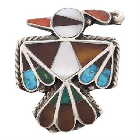 Vintage Zuni Native American Sterling Silver Inlaid Thunderbird Brooch