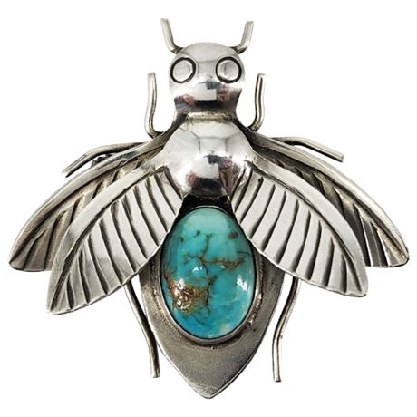 Vintage Native American Sterling Silver & Turquoise Insect Brooch