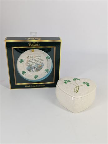 Lot 2 Belleek Ornaments - Irish Blessing & Heart Trinket Box