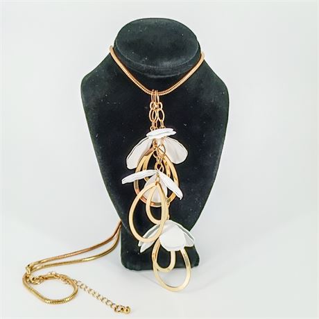 Long Statement Necklace with White Petal & Open Teardrop Charms – Adjustable