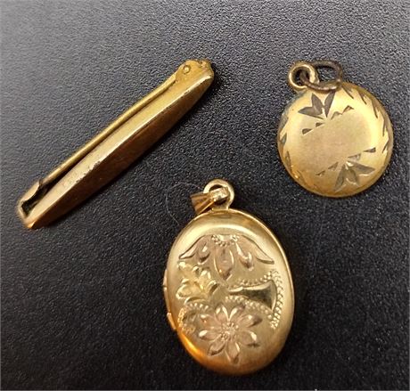Lot of three gold filled locket pendant and bar pin 3.8 G