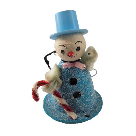 Vintage Blue Paper Snowman Christmas Tree Ornament Holding Candy Cane