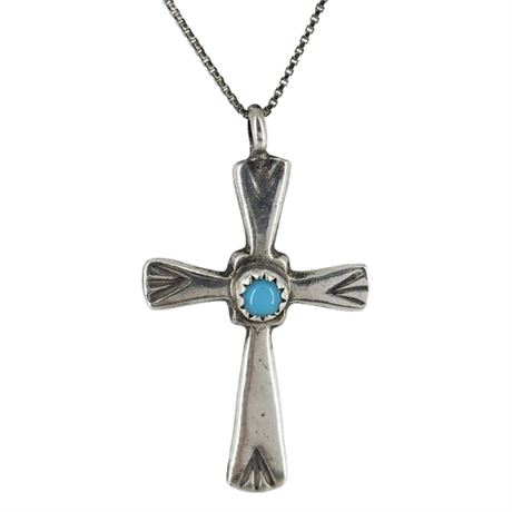 Vintage Native American Sterling Silver Turquoise Cross Necklace