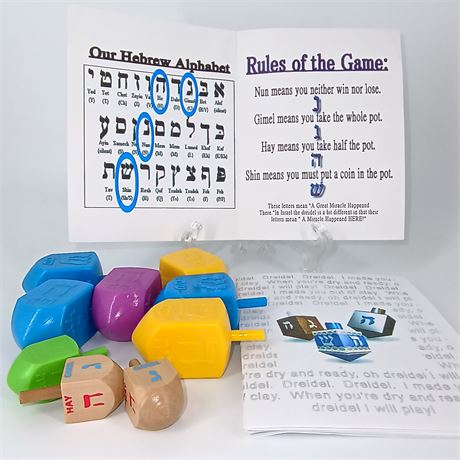 Lot of Dreidels with Instruction Booklet – Hanukkah Game Set, Wood & Plastic Mix