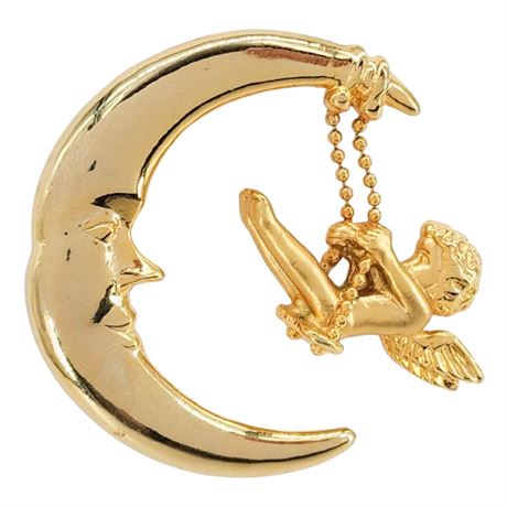 Vintage DANECRAFT Crescent Moon w/ Swinging Cherub Brooch