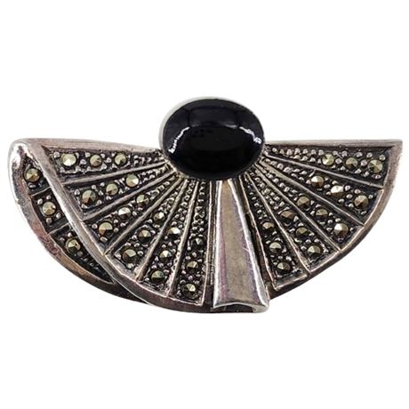 Vintage Sterling Silver Marcasite & Black Onyx Brooch