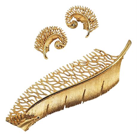 Large Vintage Feather Brooch & Matching Clip Earrings