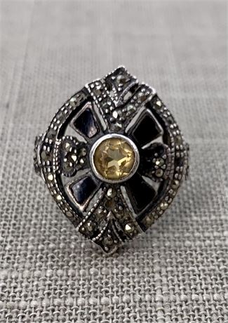 7 Gram Sterling Silver, Citrine & Onyx Medieval Ring