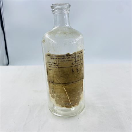 Antique Canton Veterinary Hospital Bottle w/ Paper Label