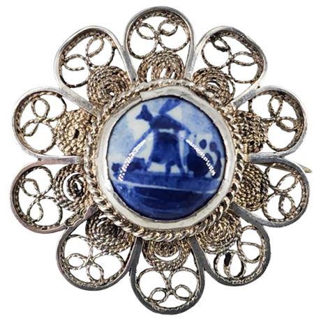Vintage Sterling Silver Filigree Delft Porcelain Windmill Brooch