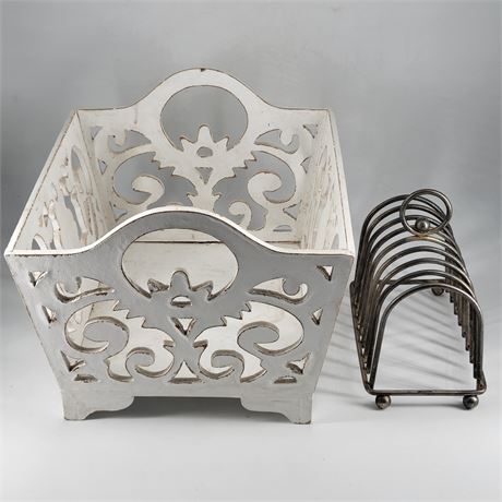 Silver Plated Toast Rack / White Wood Basket