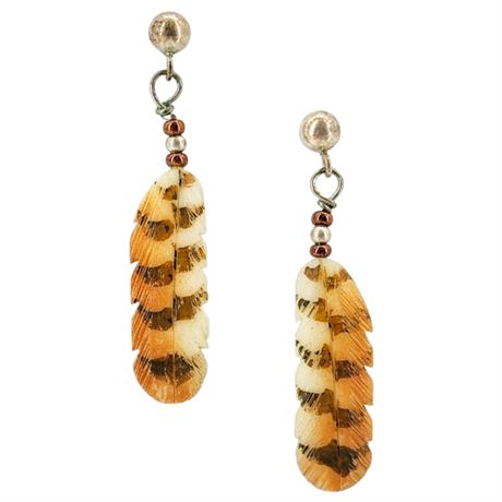 Vintage Native American Carved Bison Bone Feather Pierced Earrings