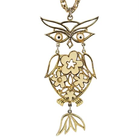 Vintage Large Articulated Wise Owl Pendant Necklace