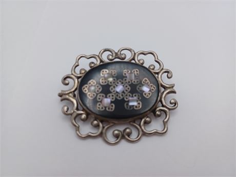 Sterling Silver Brooch/Pendent Fancy Work w/ inlay Singed Mexico "PGG"